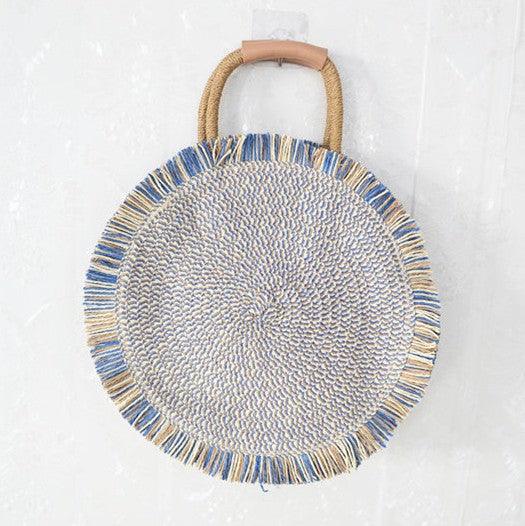 Straw woven round fringe beach bag, view 4 - MRSLM