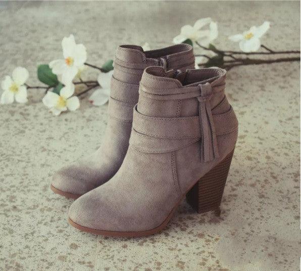 Women's suede side zipper chunky heel boots - MRSLM