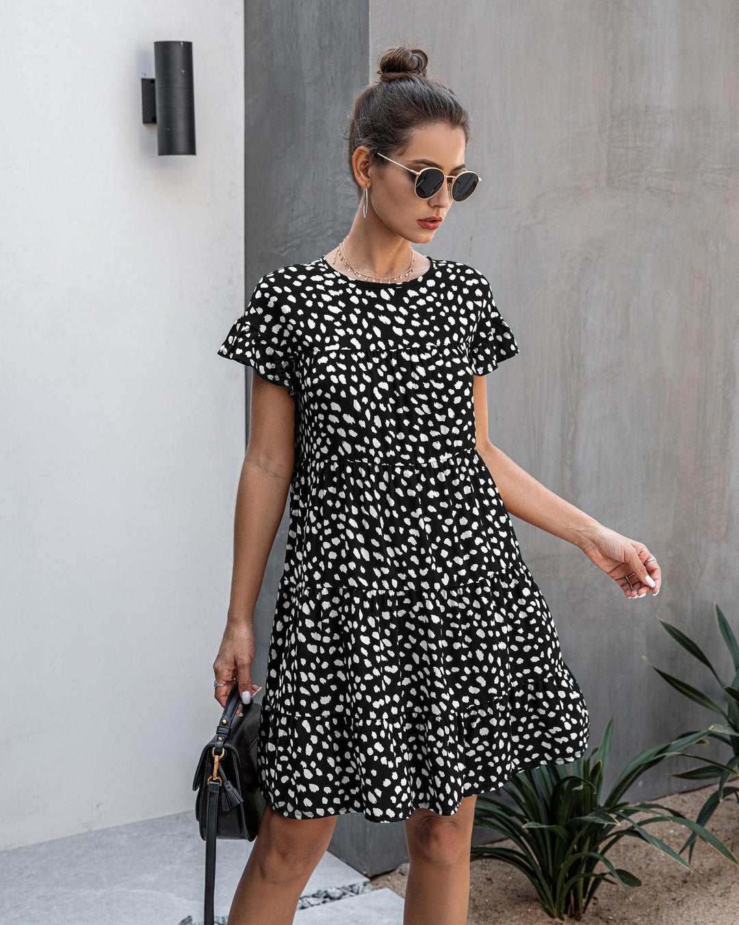 Leopard print round neck short sleeve loose dress - MRSLM