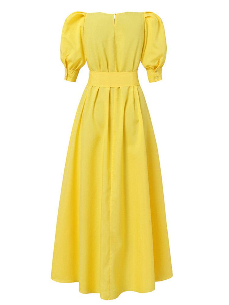 Solid Puff Sleeve Button Cuffs Ankle Length Retro Midi Dresses - MRSLM