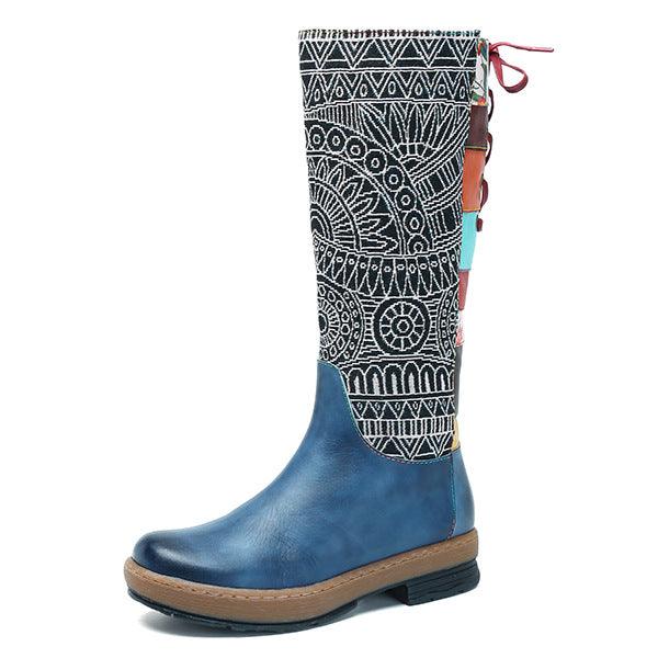 Vintage Mid-calf Boots Women Shoes Bohemian Retro Genuine Leather Motorcycle Boots Printed Side Zipper Back Lace Up Botas - MRSLM