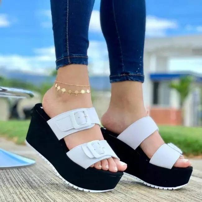 Slippers With Wedge Heel Platform One-Step Belt Buckle Sandals And Slippers - MRSLM