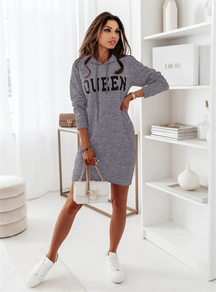 Long Sleeve Hooded Letter Sports Casual Dress - MRSLM