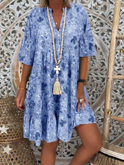 printed v-neck ruffled loose dress, view 5 - MRSLM