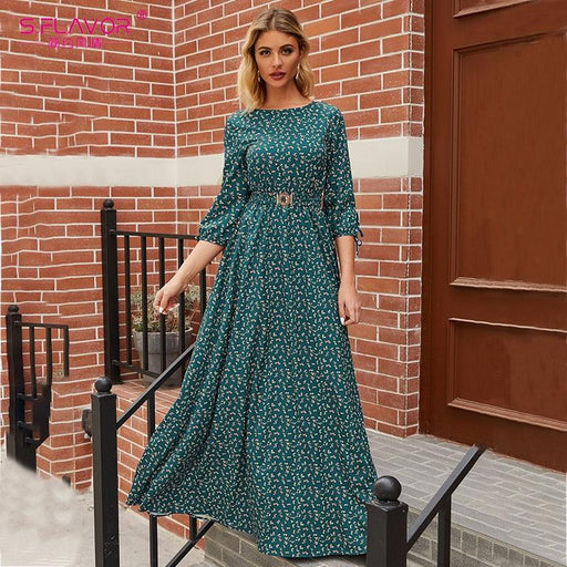 Women's three-quarter sleeve green floral dress - MRSLM