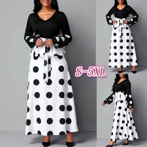 women's mesh stitching high waist polka dot dress - MRSLM