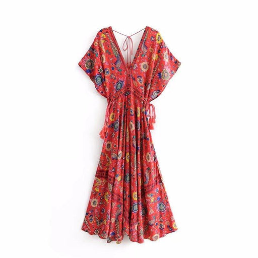 summer beach print v-neck long dress, view 4 - MRSLM