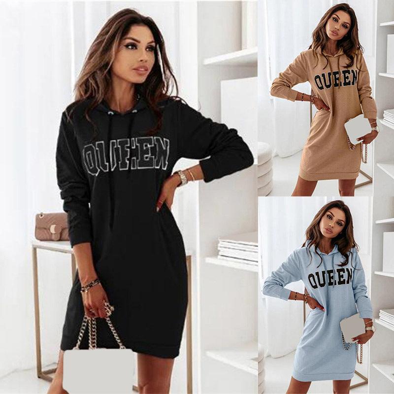 Long Sleeve Hooded Letter Sports Casual Dress - MRSLM