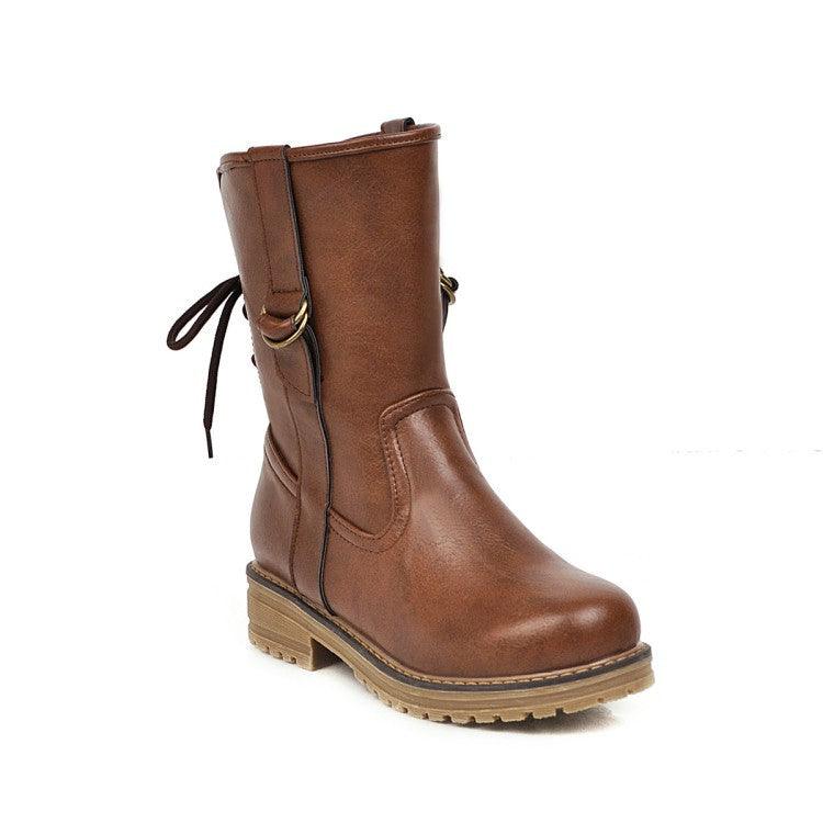 Lace-up Round Toe Low-heel Square Heel Boots