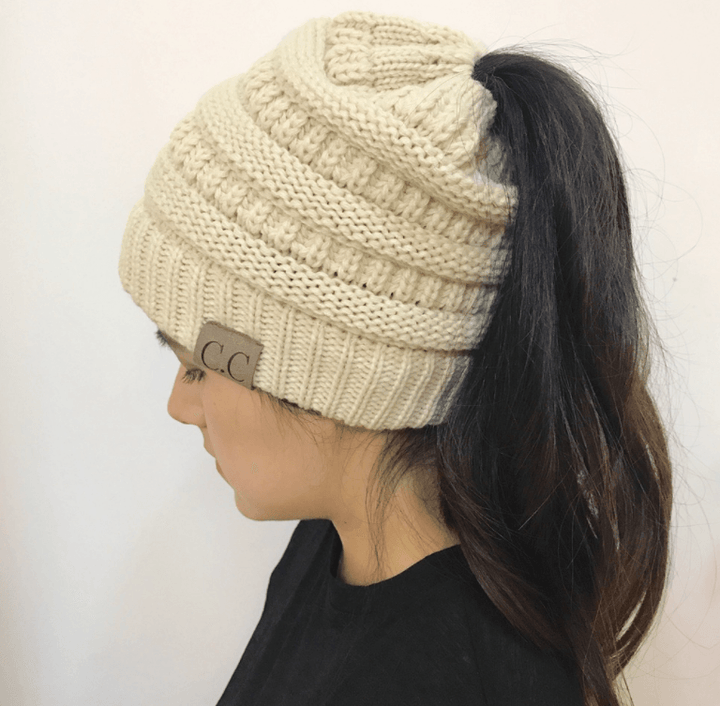 High Bun Ponytail Beanie Hat Chunky Soft Stretch Cable Knit Warm Fuzzy Lined Skull Beanie Acrylic Hats Men And Women - MRSLM