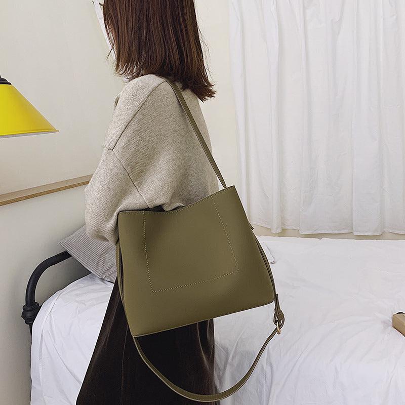 Vintage Single Shoulder Handbag Solid Color Bucket Bag - MRSLM