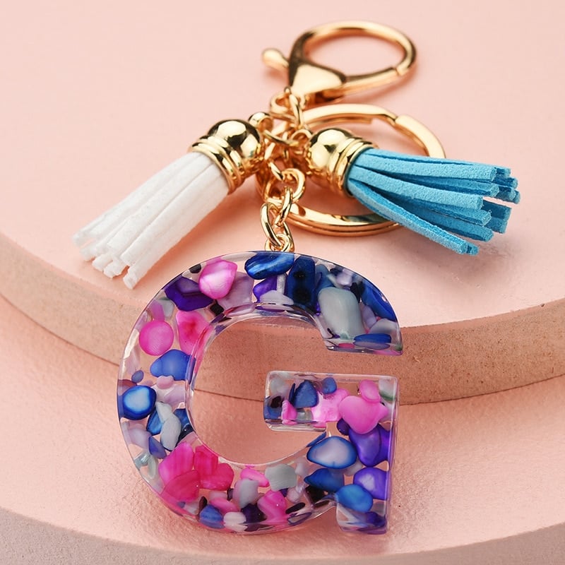 colorful resin letter key ring with tassel, view 2 - MRSLM