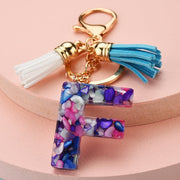 colorful resin letter key ring with tassel, view 3 - MRSLM