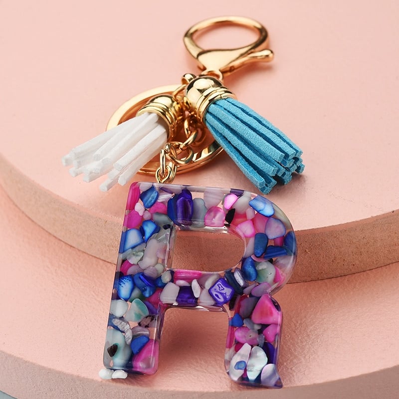 colorful resin letter key ring with tassel, view 19 - MRSLM