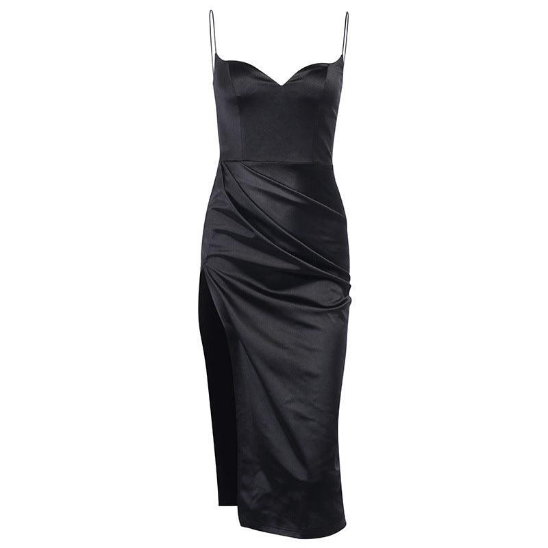 Solid Color Split Slim Dress with Sweetheart Neckline