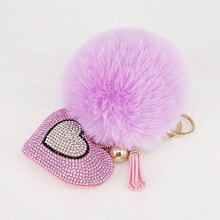 Pompom Keychain with Rhinestone Heart Charm