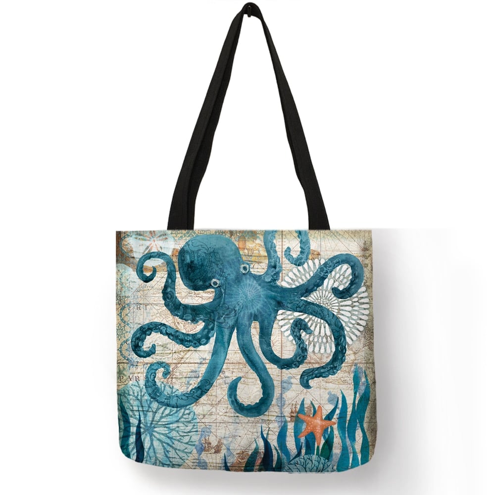 Sea Themed Printed Linen Shopper Shoulder Bag