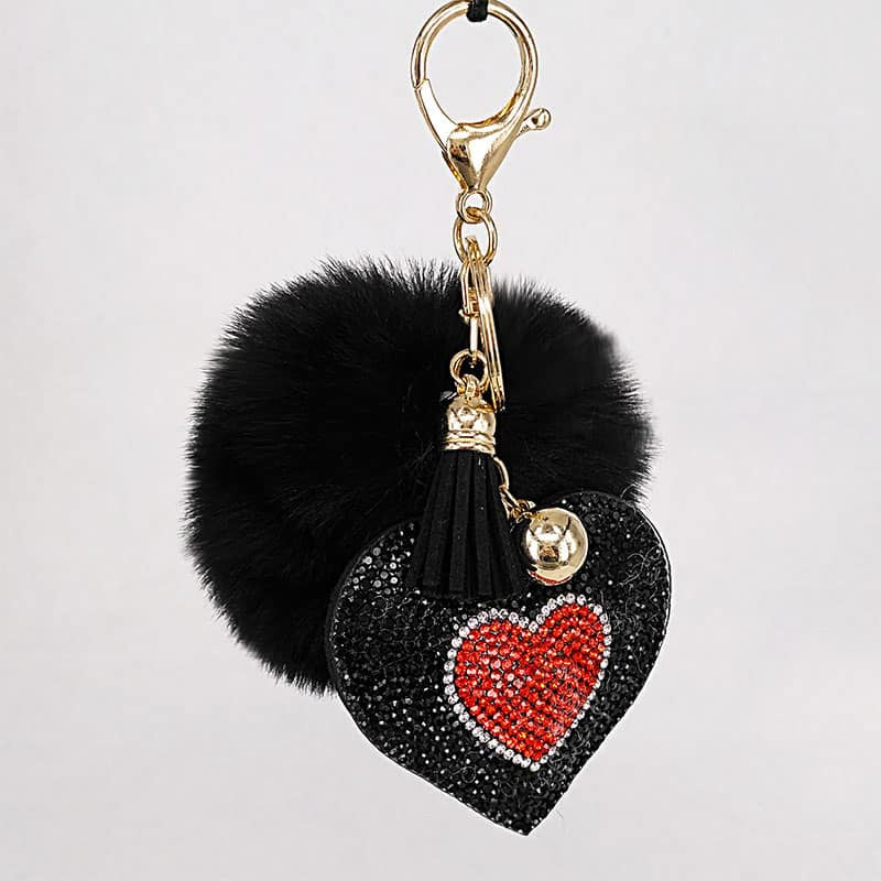 Pompom Keychain with Rhinestone Heart Charm