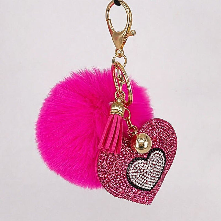 Pompom Keychain with Rhinestone Heart Charm