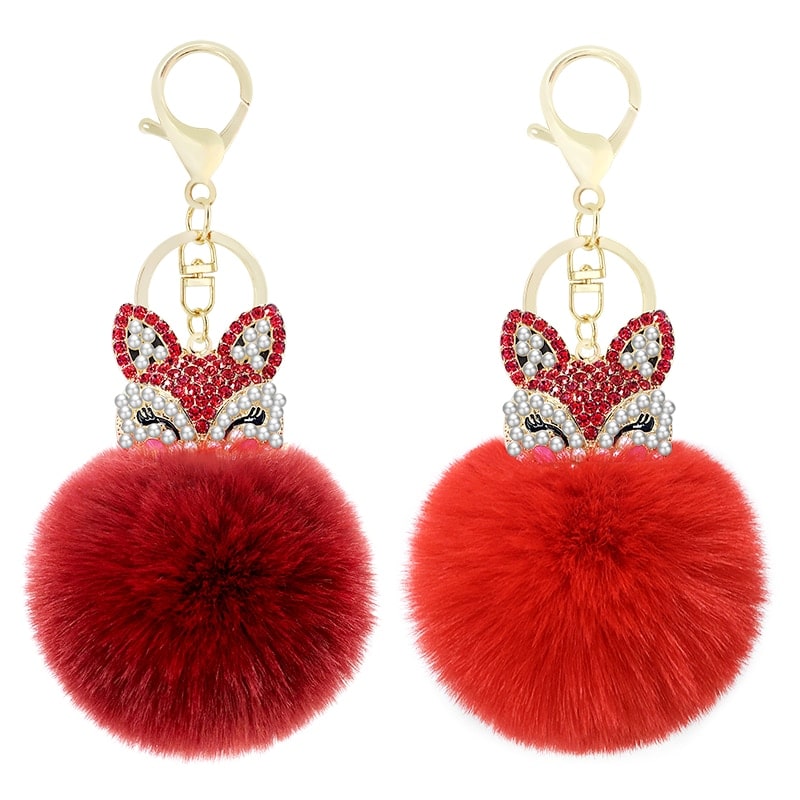 Women's Rhinestones Decorated Fox Fur Ball Keychain