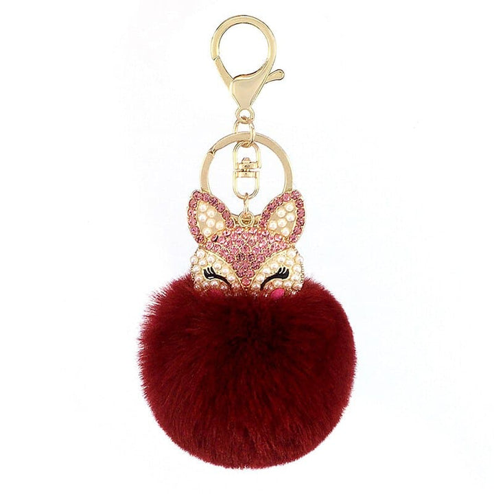 Women's Rhinestones Decorated Fox Fur Ball Keychain