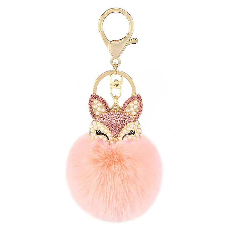 Women's Rhinestones Decorated Fox Fur Ball Keychain