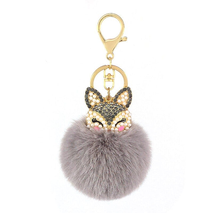 Women's Rhinestones Decorated Fox Fur Ball Keychain
