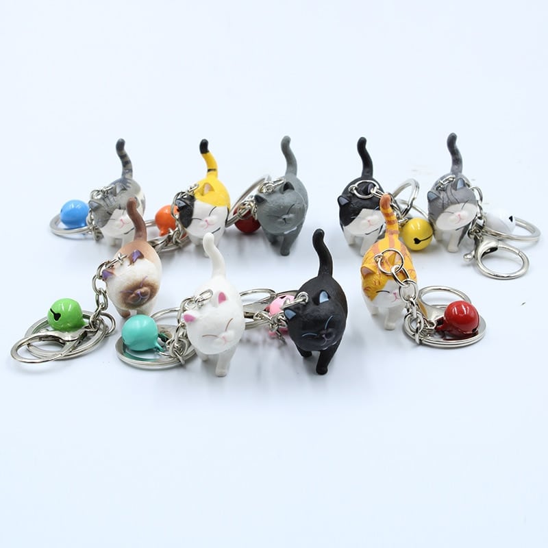 Cartoon Walking Cat Pendant Key Ring with Bell