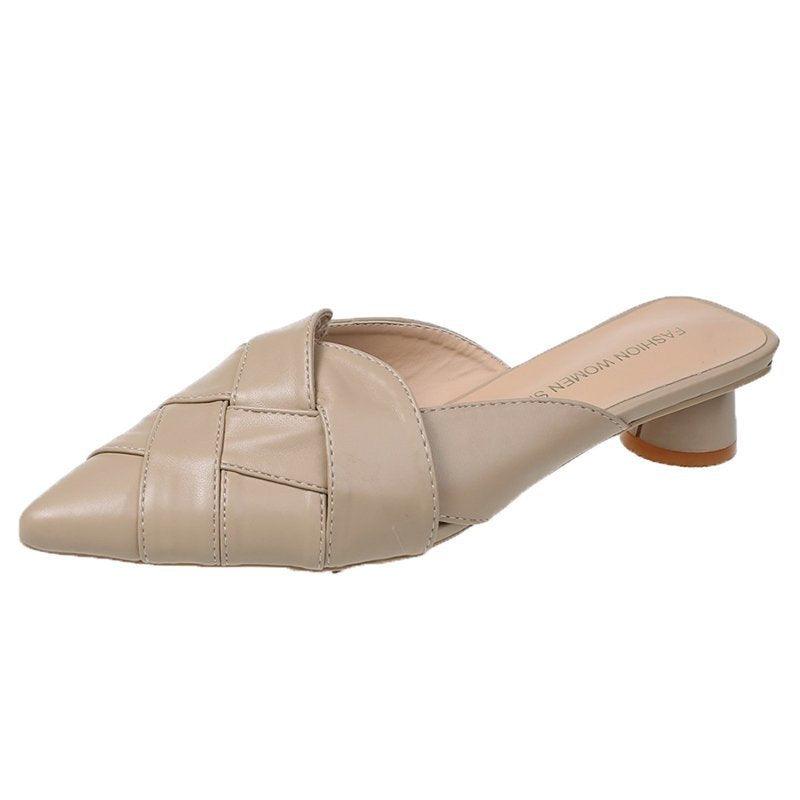 Pointed Soft Leather Sandals Women's Mid-heel Mules - MRSLM