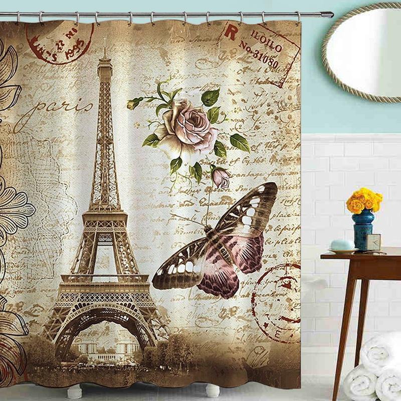 180x200cm Paris Bathroom Shower Curtains Eiffel Tower Waterproof Fabric & Hooks - MRSLM
