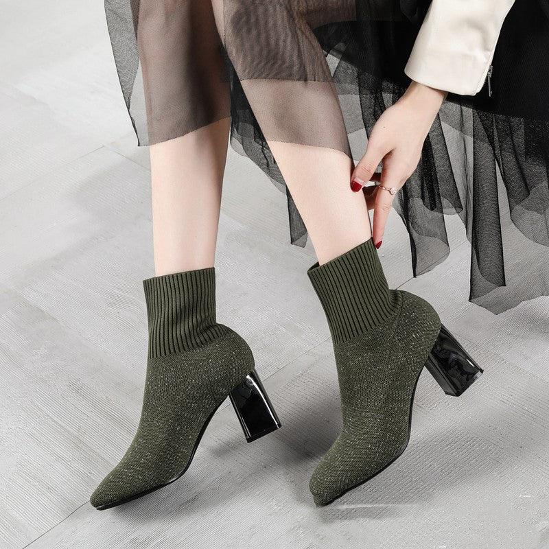 New Style Knitted Stretch Thin Boots Fashion Electroplated Thick Heel Ankle Boots - MRSLM