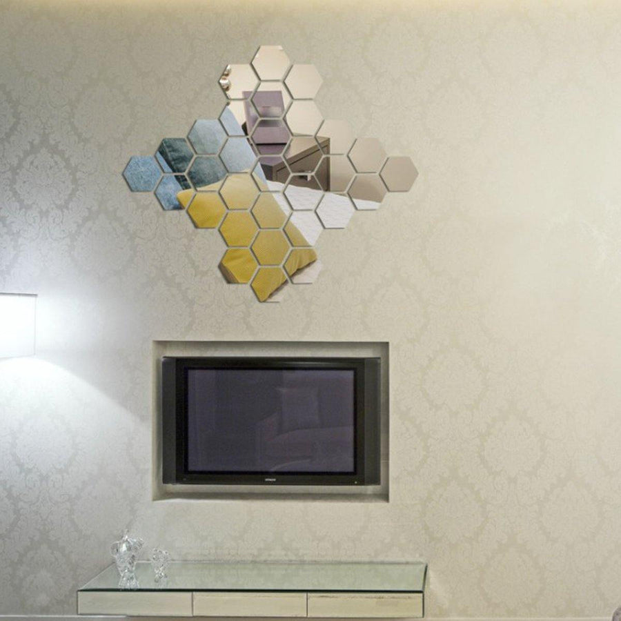 12PCS 3D Mirror Hexagon Vinyl DIY Removable Wall Sticker Art Decal Home Decor - MRSLM