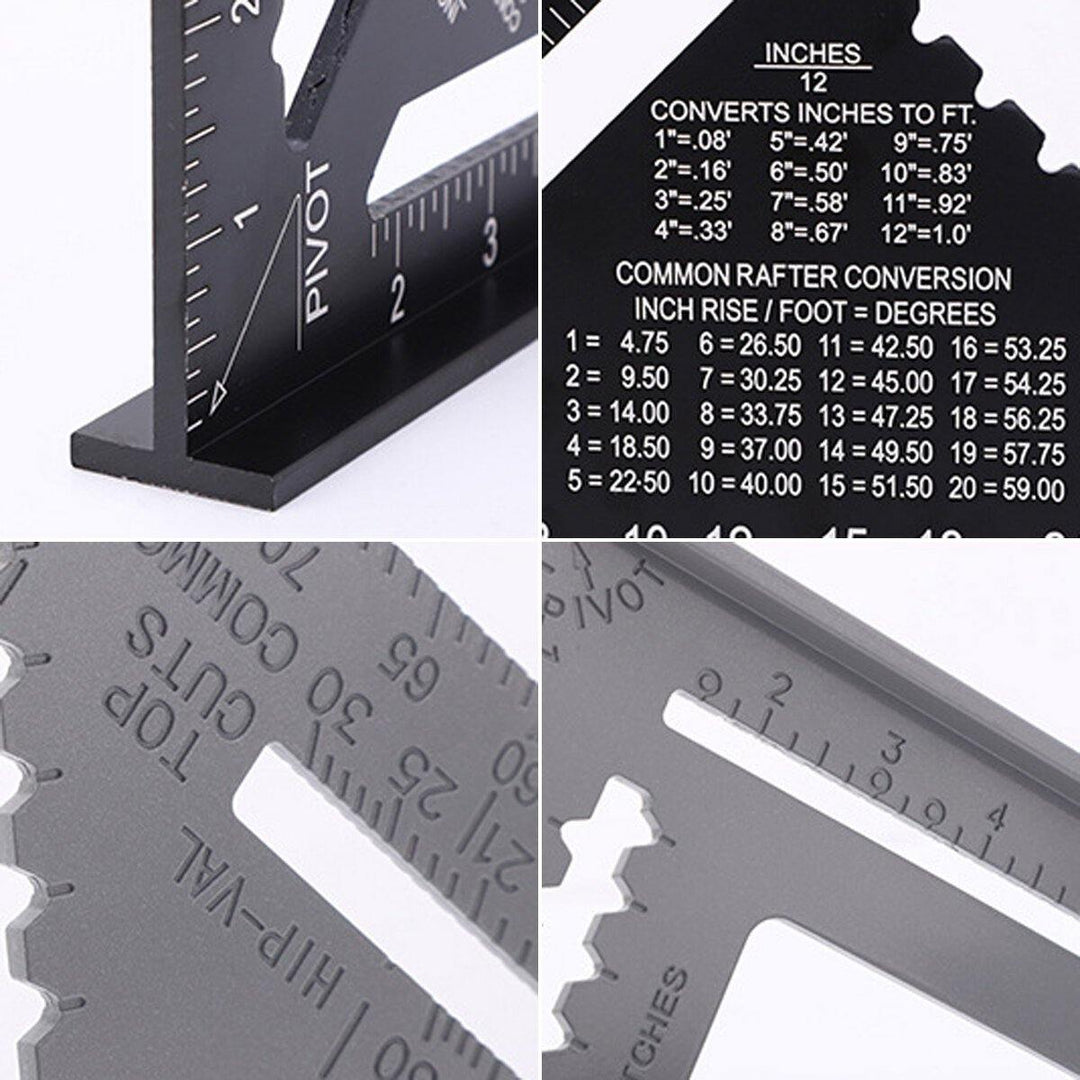 7"12" Aluminum Alloy Triangle Ruler Metric Imperial Meter Square Protractor Line Ruler - MRSLM