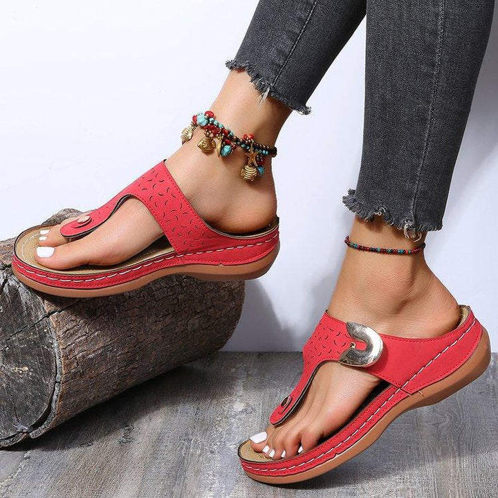 Women's New Round Head Hollow Metal Buckle Wedge Heel Comfortable Toe Sandals - MRSLM