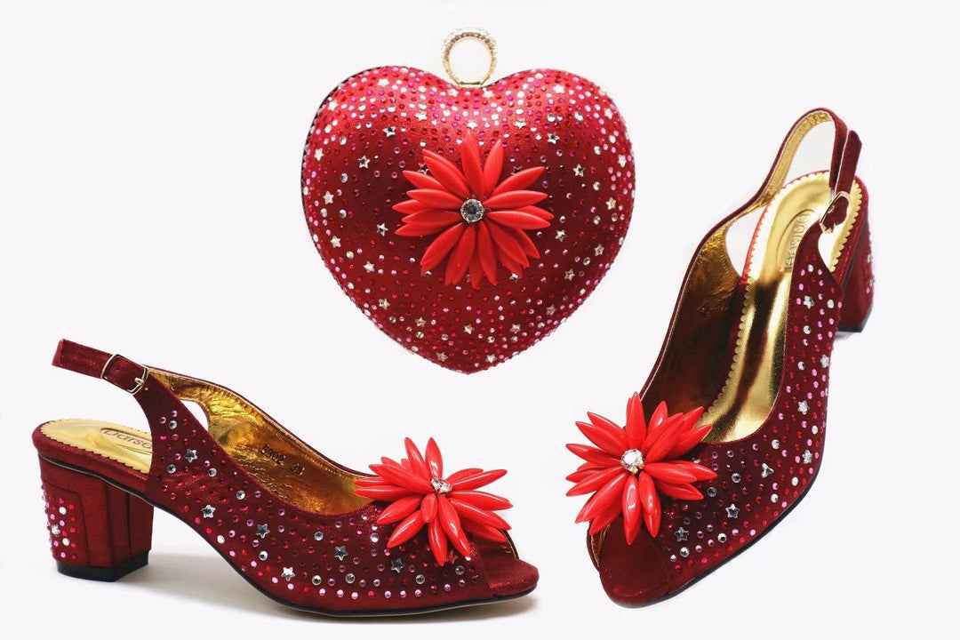 Large Size Women's Shoes Short Heel Fish Mouth Sandals With Heart-shaped Diamond Bag - MRSLM