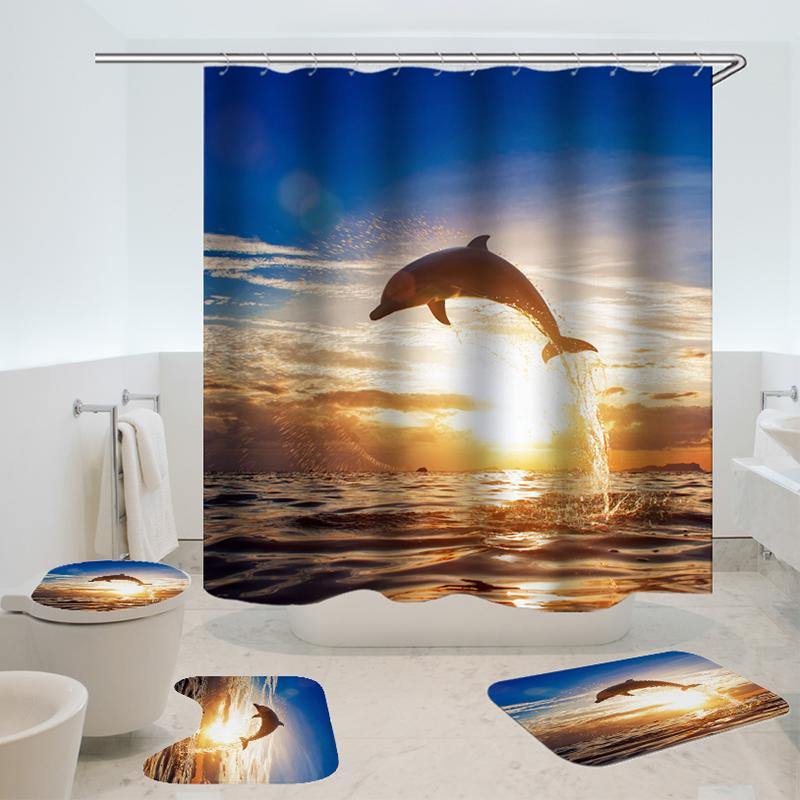 Dolphin Pattern Shower Curtain Waterproof Fabric Bath Accessory 3D Printing Ocean Curtain for Bathroom Green - MRSLM