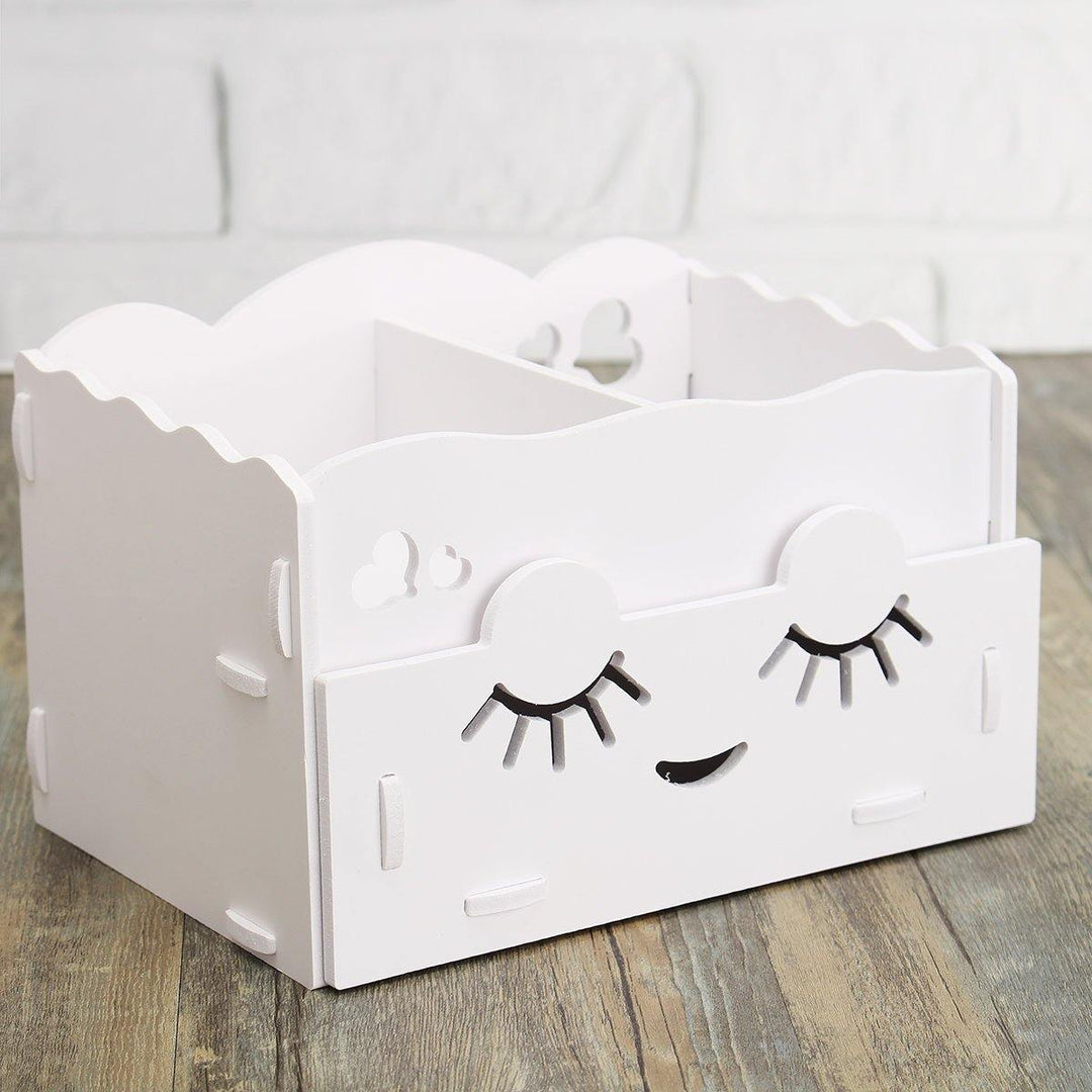 Smiling Face Cute Wooden White Makeup Organizer Neat Table Collecting Case Cosmetics Tools - MRSLM
