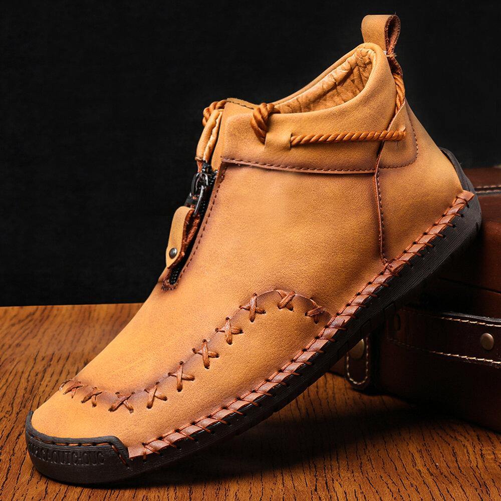 Men Hand Stitching Zipper Genuine Leather Casual Business Ankle Boots - MRSLM