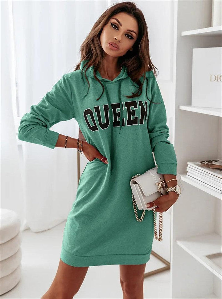 Long Sleeve Hooded Letter Sports Casual Dress - MRSLM