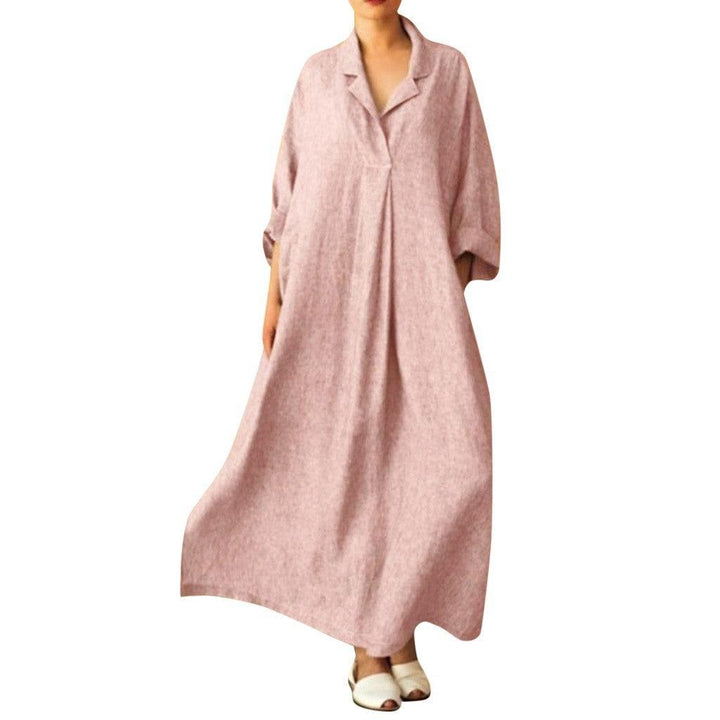 Women Dress Loose Casual Ankle Length Office Lady Dress Solid Lantern Sleeve Bohemian Loose Waist Women Dress - MRSLM