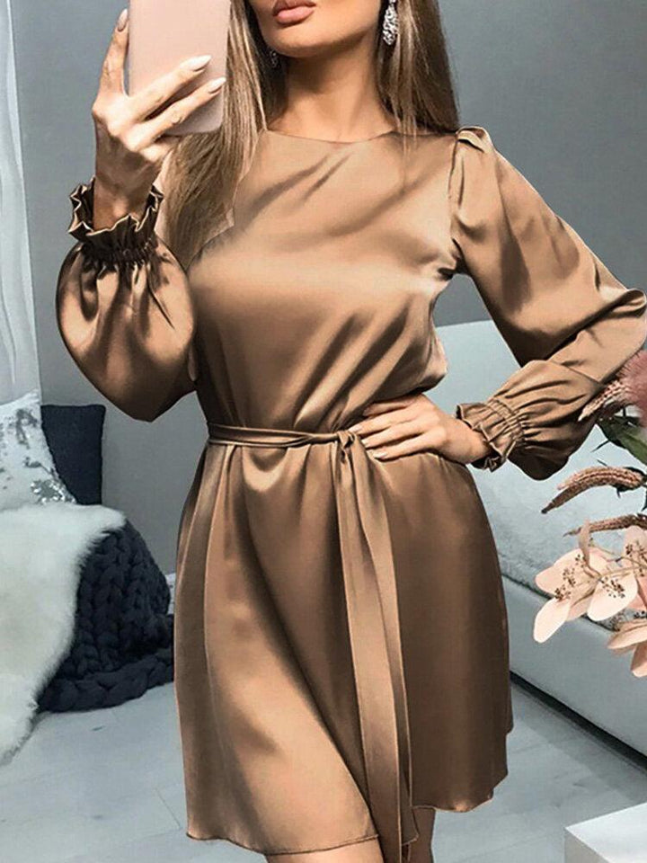 Women Satin Solid Puff Sleeve Knee Length Midi Dresses - MRSLM