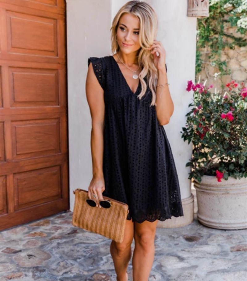 lace jacquard V-neck dress, view 3 - MRSLM