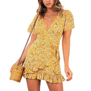 stitched print v-neck commuter dress, view 6 - MRSLM