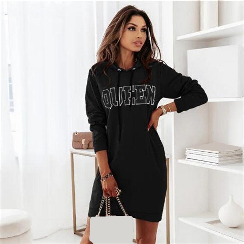 Long Sleeve Hooded Letter Sports Casual Dress - MRSLM