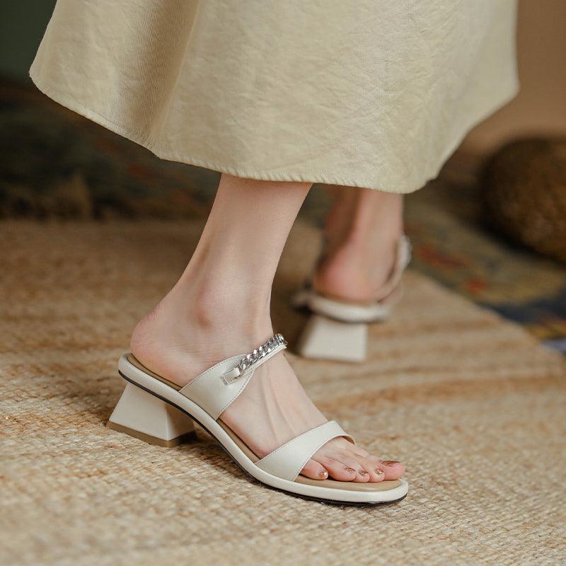 Summer Leather One-word Sandals And Slippers Women's Mid-heel Fashion Outer Wear 2021 New Beige Thick-heel Fairy Style Sandals - MRSLM