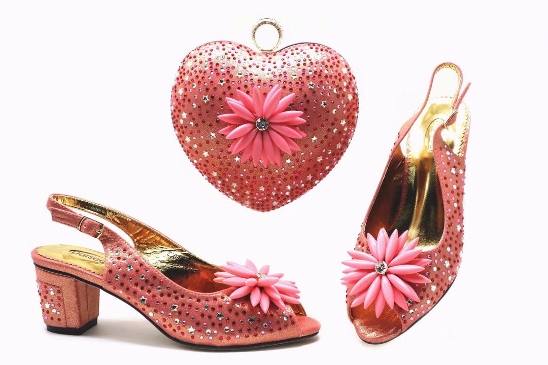 Large Size Women's Shoes Short Heel Fish Mouth Sandals With Heart-shaped Diamond Bag - MRSLM